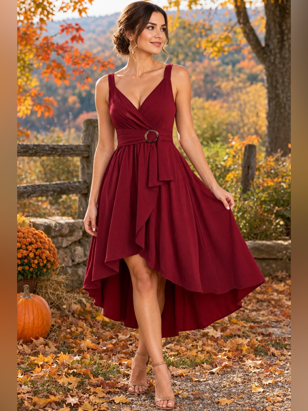 Sleeveless V-Neck High-Low Wrap Dress in Wine Red